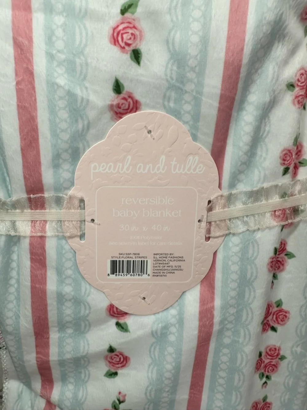 NWT pearl and tulle reversible Floral Stripe baby Blanket cottage boho feminine